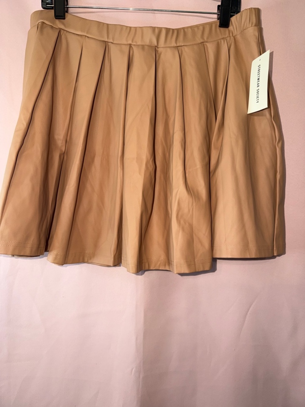 Streetwear Society Tan Faux-Leather Pleated Skater Skirt